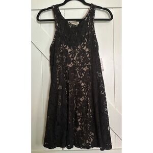 Free People Women's Black Lace Cream Lines Sleeveless Mini Dress‎ Size XS NWT